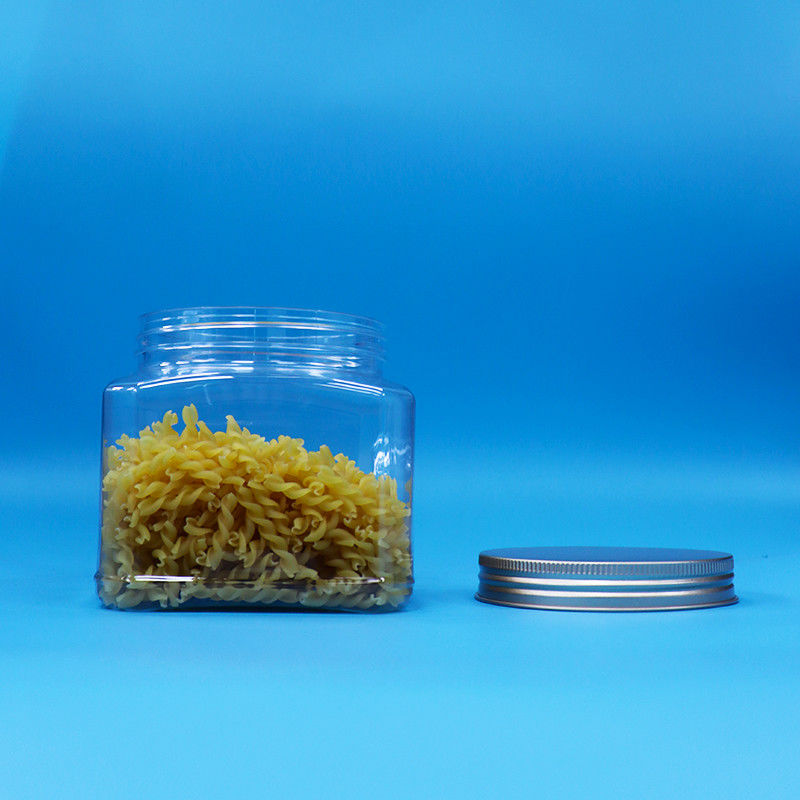 Barattolo in plastica trasparente PET per alimenti, di forma quadrata, con presa e coperchio in alluminio