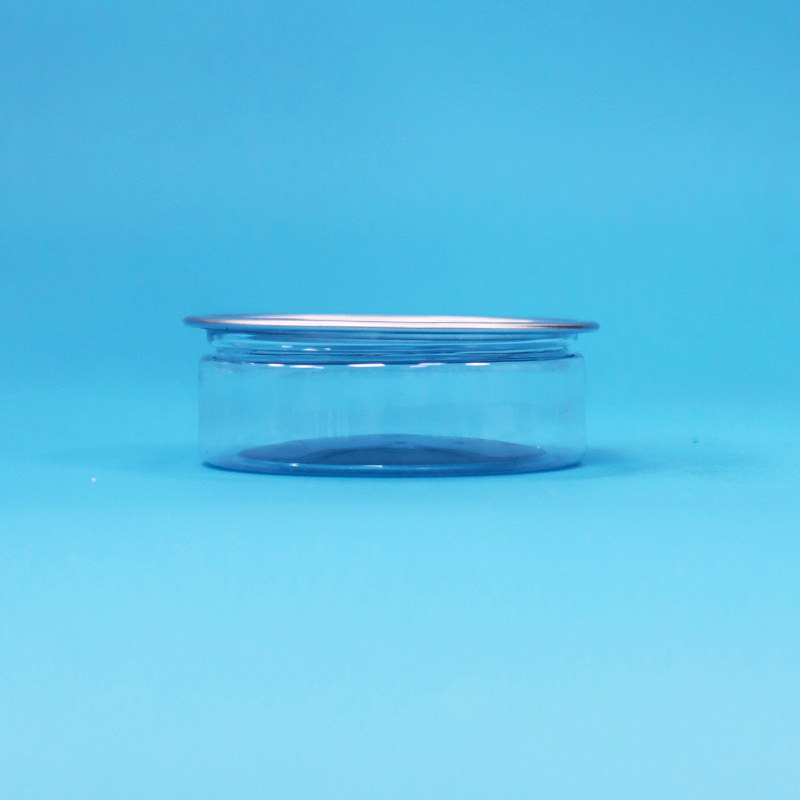 Barattolo rotondo in PET di plastica con coperchio apribile facile in latta per confezionamento di alimenti, caramelle, biscotti e snack