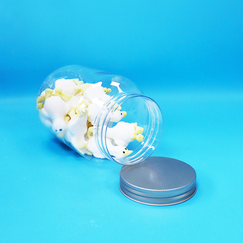 Vasetto rotondo in plastica PET trasparente con tappo piatto a vite in alluminio per alimenti, caramelle, noci, senza BPA