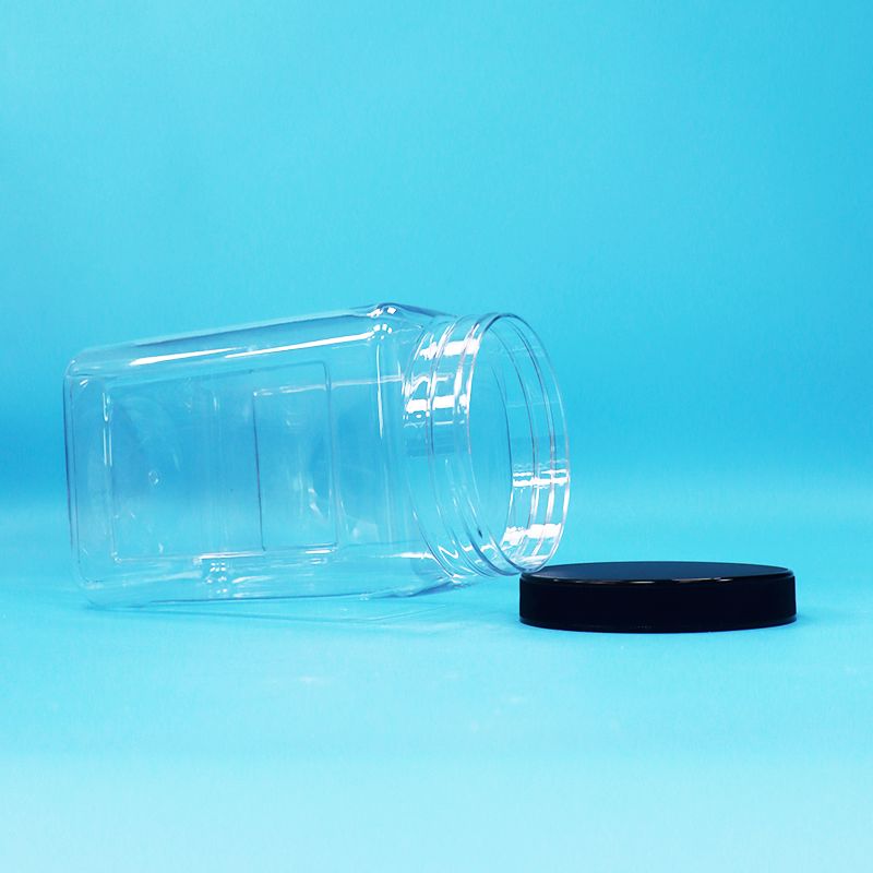 Barattoli trasparenti forma quadrata plastica PET coperchio nero per cibo caramelle biscotti noodles