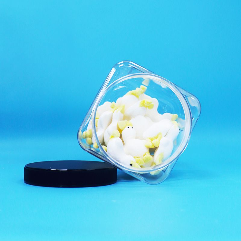 Bottine di plastica PET trasparenti a forma quadrata con tappo nero per cibo per bambini biscotti dolci