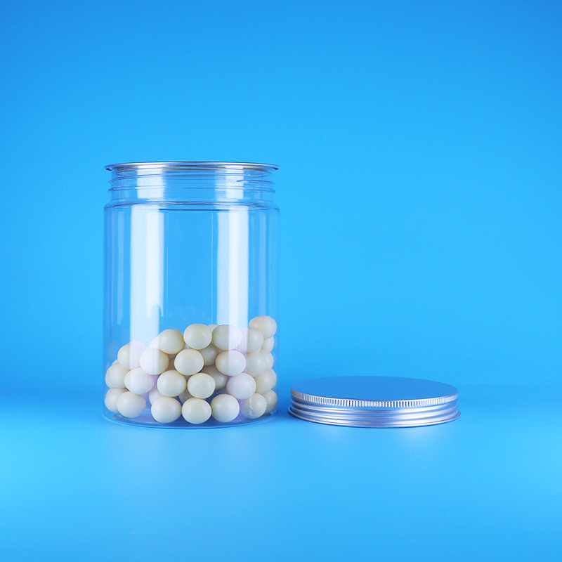 Barattolo rotondo alto in PET trasparente a bocca larga per alimenti per bambini e caramelle con coperchio piatto in alluminio