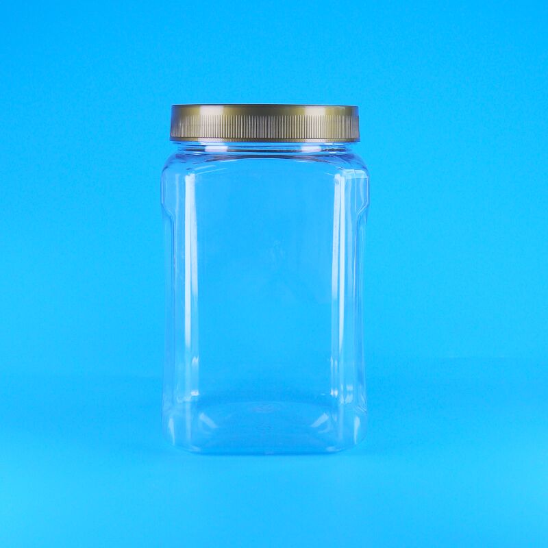 Barattolo per biscotti, frutta secca e mandorle in plastica PET trasparente a forma quadrata con coperchio marrone, per alimenti