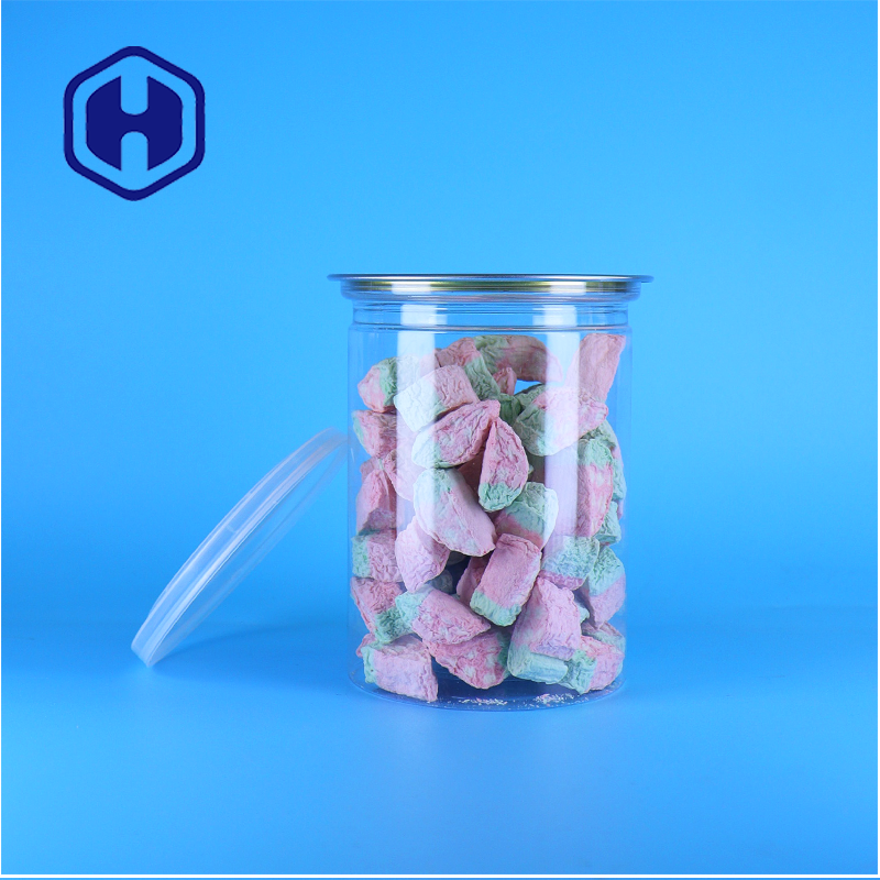 Grande Qualità Trasparente PET Conservatorio Alimenti Dolci Biscotti Gelatine Lattine Con Coperture PE