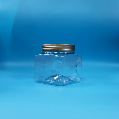 Barattolo in plastica trasparente PET per alimenti, di forma quadrata, con presa e coperchio in alluminio