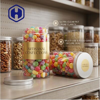 Barattoli con tappo in alluminio PET trasparente per uso alimentare, perfetti per biscotti al cioccolato, caramelle, facili e affidabili