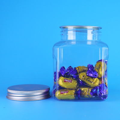 Barattolo di biscotti in plastica quadrato personalizzato trasparente per uso alimentare in PET con coperchio a vite in alluminio all'ingrosso